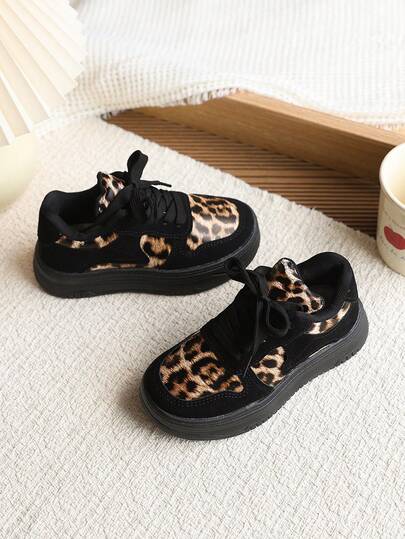 2026 Spring/Autumn New Leopard Print Patchwork Thick Sole Casual Sneakers, Soft Non-Slip Soles, Retro Sports Shoes For Toddlers & Kids, Versatile Black Shoes