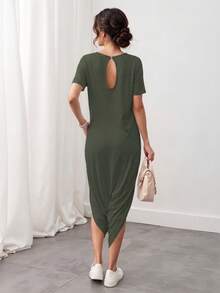 Enterizo mono jumpsuit mujer dama  manga corta cuello redondo corte relajado color lila bolsillos laterales tejido suave cómodo estilo casual moderno versátil para uso diario    Bolsillo  aberturas - Verde militar - Ver 3