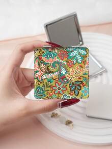 1 pièce Miroir de maquillage compact à motif floral bohème, pliable, léger, portable, en PU durable, convient pour les voyages, les fêtes, le travail, l'école, adapté à tous les âges - Multicolore - Voir 12
