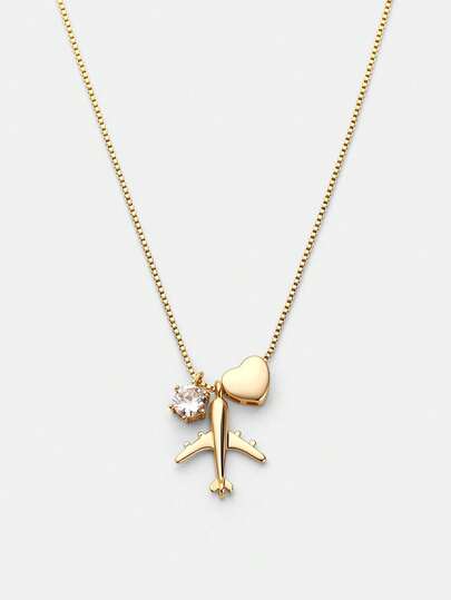 1pc Elegant Zirconia Inlaid Heart & Plane Pendant Necklace, Suitable For Women To Wear For Holiday, Travel, Daily, Date, Party, Festival Gift