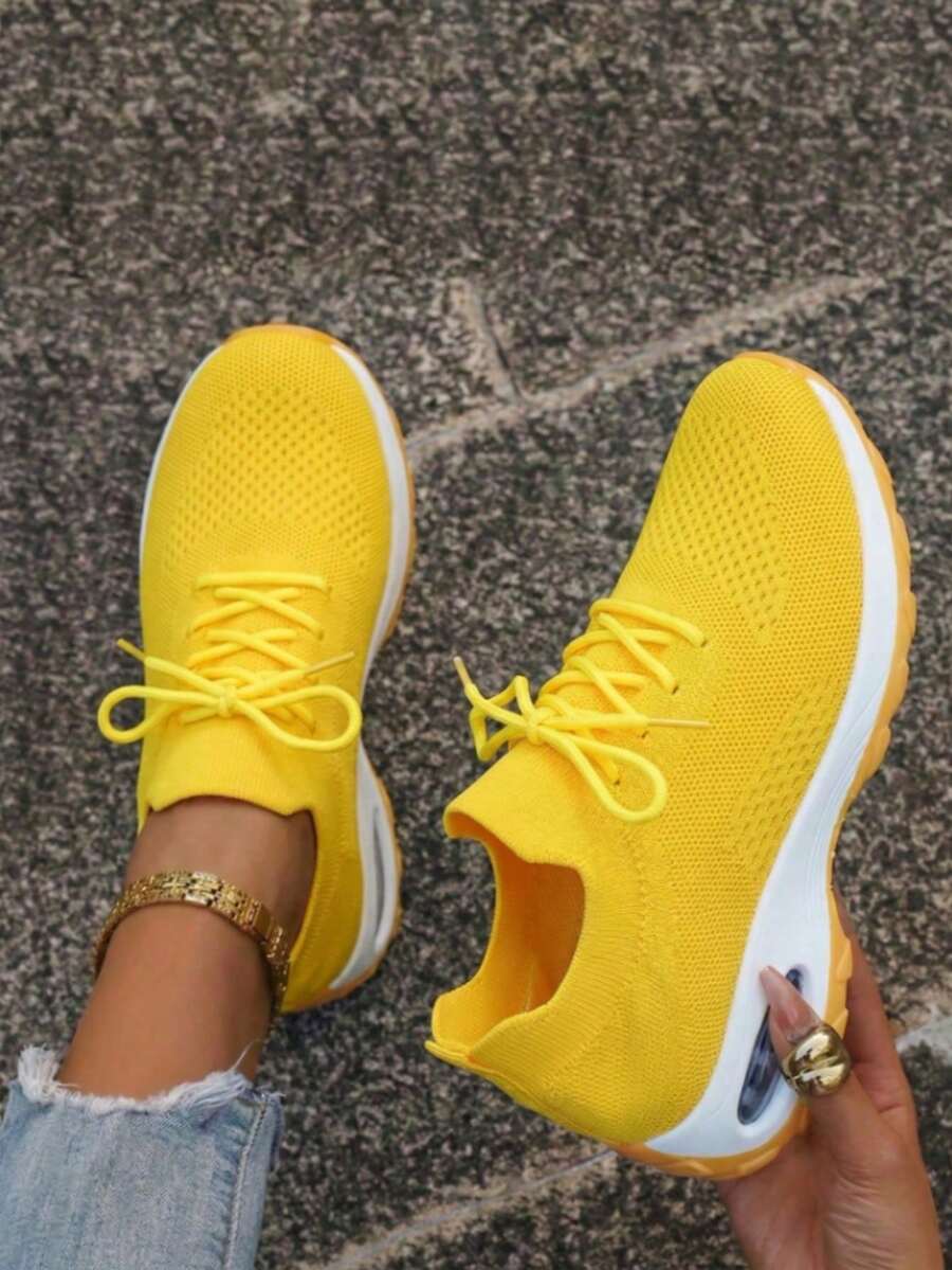 Women's Breathable Lightweight Sneakers - Low-Top Lace-Up Design For Summer, Lightweight Sole Suitable For Running, Walking, Tennis And Casual Wear, Fashionable And Comfortable Fitness Shoes, Fashionable Style, Soft Material, A Must-Have For Fitness Enthusiasts, Fashionable And Versatile Travel Shoes - 黃色 - 查看 1