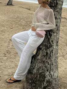 女士薄纱亮片针织长袖喇叭袖上衣，常规长度，略带弹性，适合度假、夏季、约会等场合。 - 米色 - 查看 4