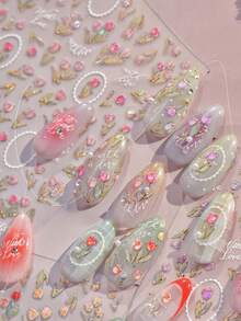 1张全息郁金香美甲贴纸，金色边缘，3D立体珍珠圆圈爱心字母美甲贴花，DIY甜美春日美甲用品 - 彩色 - 查看 4
