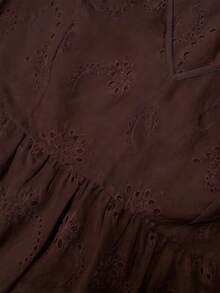 Solid Color Hollow Out V-Neck Lace Blouse, Comfortable Plus Size Short Sleeve Shirt, Regular Fit V-Neck Embroidered Sheer Top Vacation - Coffee Brown - View 5