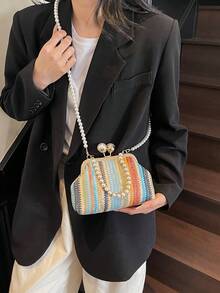 1pc Rainbow Woven Clutch Bag, Minimalist And Fashionable For Casual Daily Use - Multicolor - View 9