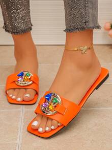 Luxury Flat Sandals With Colorful Gemstone Buckle, Suitable For Beach Vacation, Summer Holiday, Wedding & Date - Orange - View 6