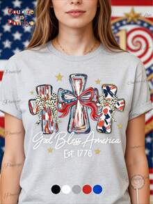 USA 250th Birthday Commemorative T-Shirt, God Bless America Unisex Short Sleeve Top, Patriotic Gift For 4th Of July Independence Day Daily Wear - 灰色 - 查看 12