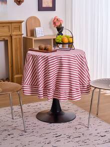 1pc Striped Ruffle Edge Small Round Tablecloth, American Vintage Kitchen Decor With Ruffle Edge, Round Living Room Decorative Cloth, Valentine's Day Tablecloth - Red - View 6