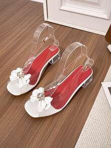 Hot Girl Style Wide Foot Friendly Slimming Effect Plus Size Peep-Toe Transparent PVC Square Toe Buckle Crystal Chunky Heel Sandals Fashionable Versatile Breathable Fairy Shoes - White - View 6