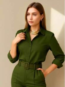 Women's Long-Sleeved Shirt, Tumblr Style – Casual, Comfortable, And Modern Fashion - 軍綠色 - 查看 1