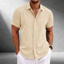Men's Short Sleeve Linen Blend Button Down Shirt Breathable Casual Summer Beach Solid Color Top - 黑色 - 查看 6