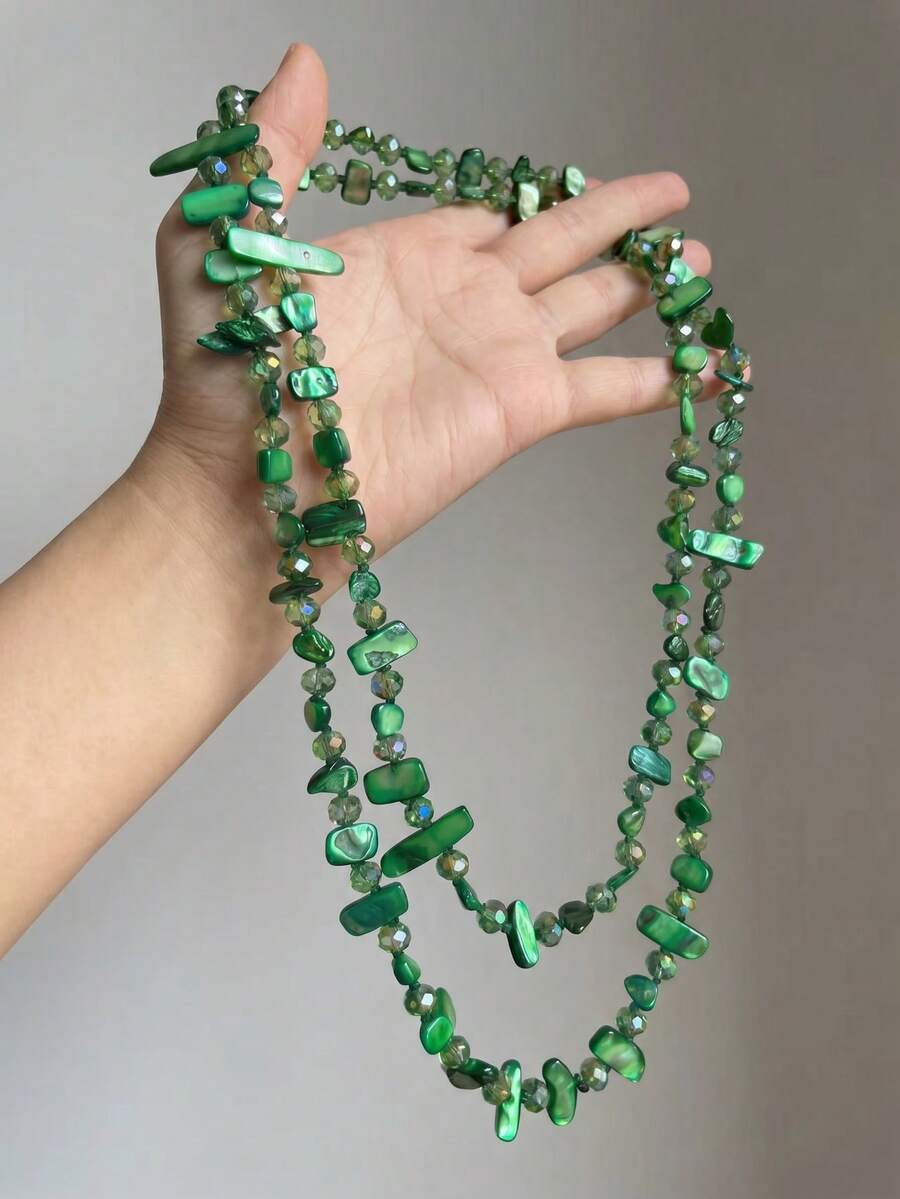 1 pièce Collier long à double couche de style bohème rétro pour femmes, avec perles de coquillage colorées. Collier de luxe vintage, idéal pour les vacances, les plages, les voyages, la décoration quotidienne, les tenues, les sorties, les fêtes, les cadeaux. Les couleurs et les formes des pierres précieuses et des perles sont aléatoires. - Vert pur - Voir 1