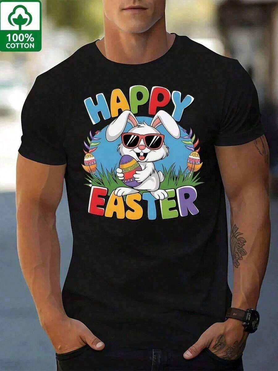 T-shirt da uomo 100% cotone: un capo casual ed elegante a maniche corte con un design che la rende la scelta perfetta per Pasqua. Caratterizzata da un grazioso motivo con un coniglietto con gli occhiali accanto a colorate uova di Pasqua, questa t-shirt unisex è ideale per feste pasquali e outfit da festival. - Nero - Visualizzare 1