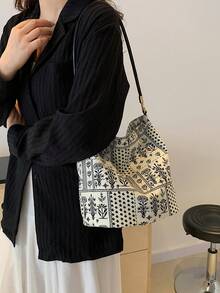 New Ditsy Floral Large Capacity Bucket Bag, Unique Design, Fashionable And Versatile Shoulder Bag - Beige - View 4