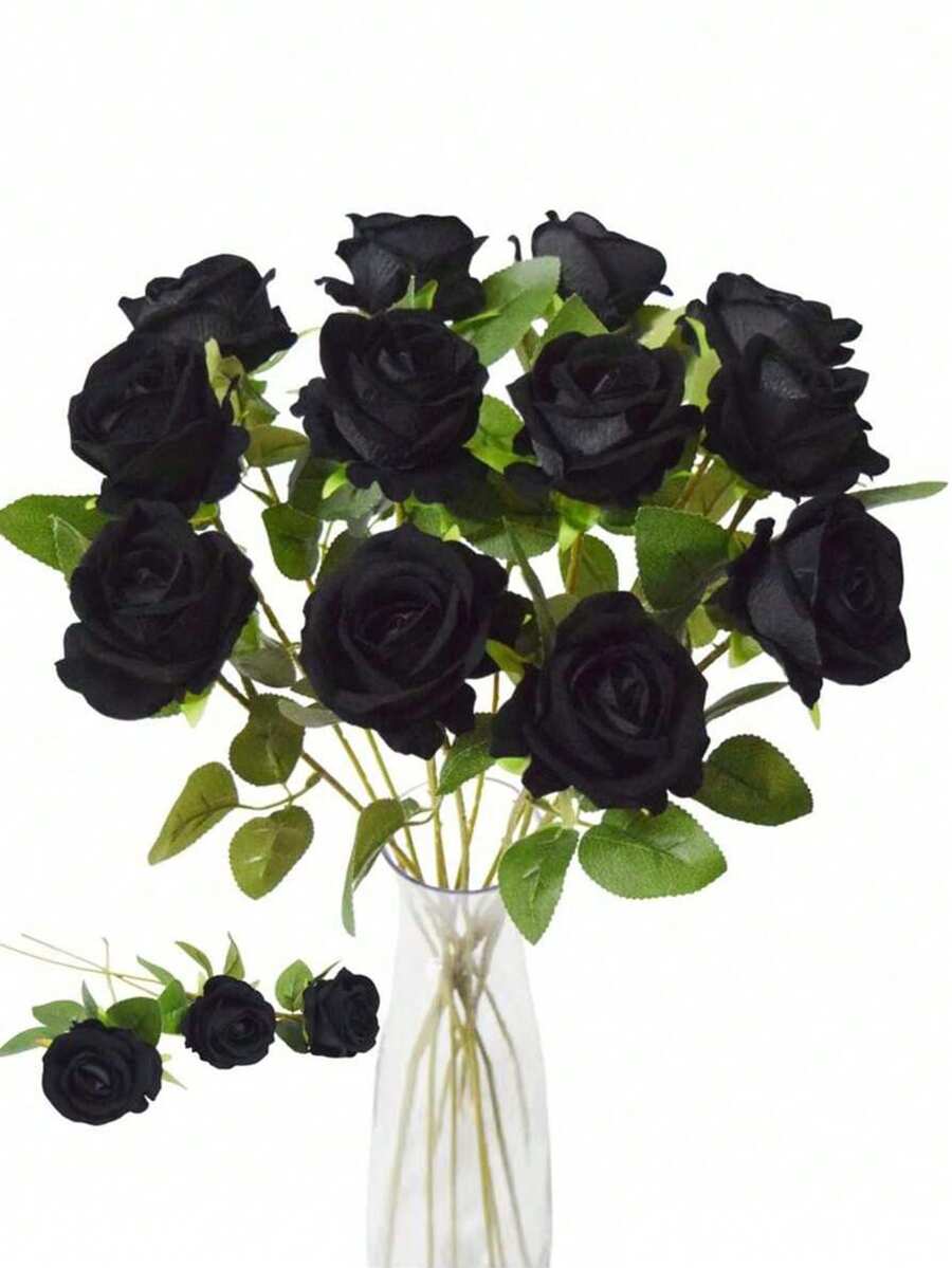 50pcs Black Artificial Roses, Realistic Rose Bouquet, Long Stem Design, Suitable For Home Decor, Party, Halloween Black Style, Halloween Decoration, Room Decor, Home Decor, Bedroom Supplies, Desktop Decor, Best Friend Gift, House Decoration, Bedroom Accessories, Valentine's Day, Garden Supplies, Wedding Accessories, Garden Decor, Garden Ornaments, Wall Decor, Outdoor Garden Ornaments, Women Gift - Black - View 1