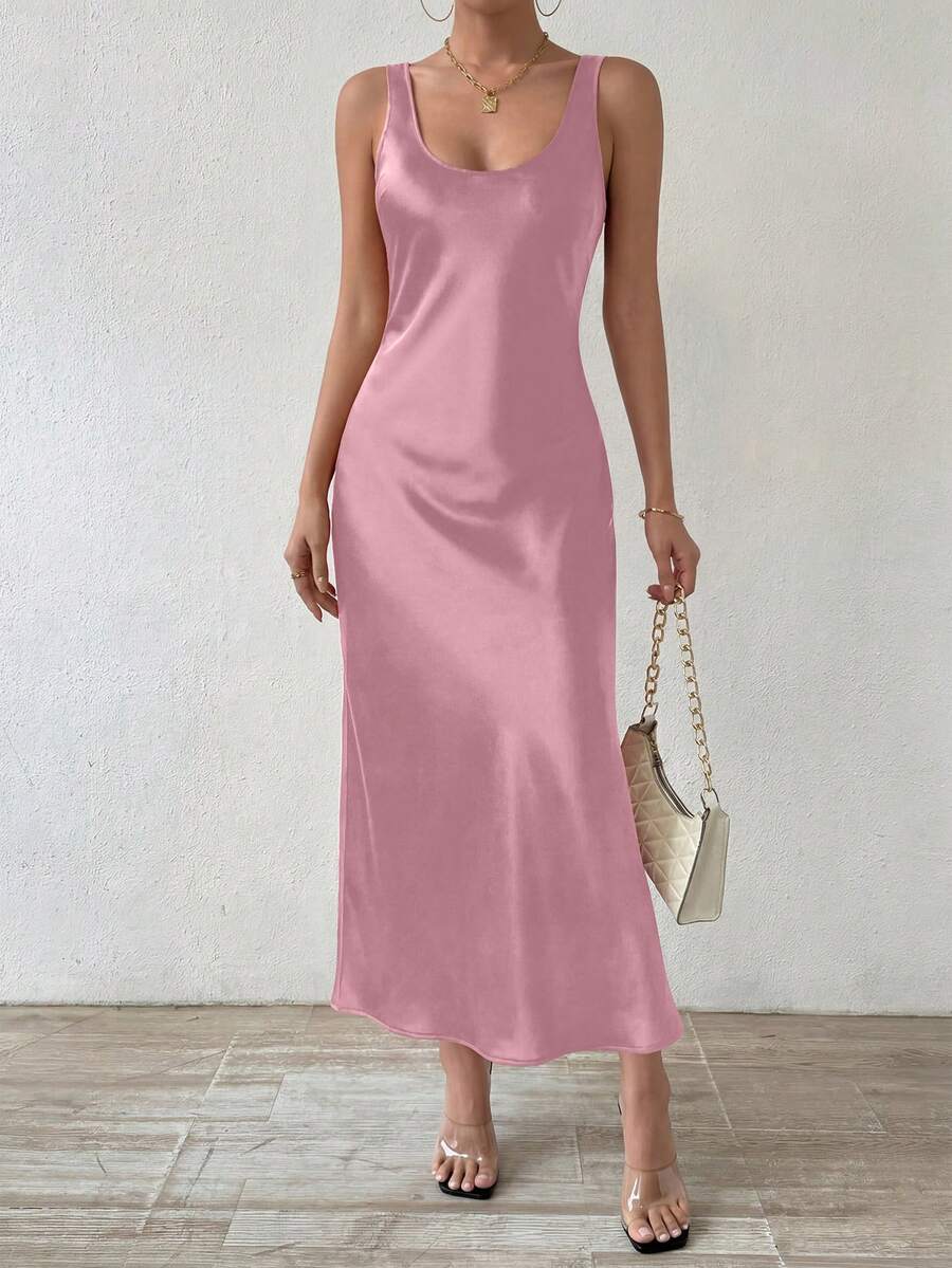 Women Summer Satin Silky Tank Dress Sleeveless Scoop Neck Loose Long Maxi Sundress Soft Lightweight Spring Holiday Beach Daily Party Dresses - 粉色 - 查看 1