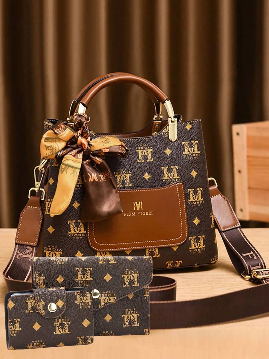 3pcs Set Geometric Pattern Fashion Women's Handbag Set, Dark Brown, Faux Leather Material, Polyester Lining, Oiled Edge Design, Suitable For Fashionable Women - Brown - View 1
