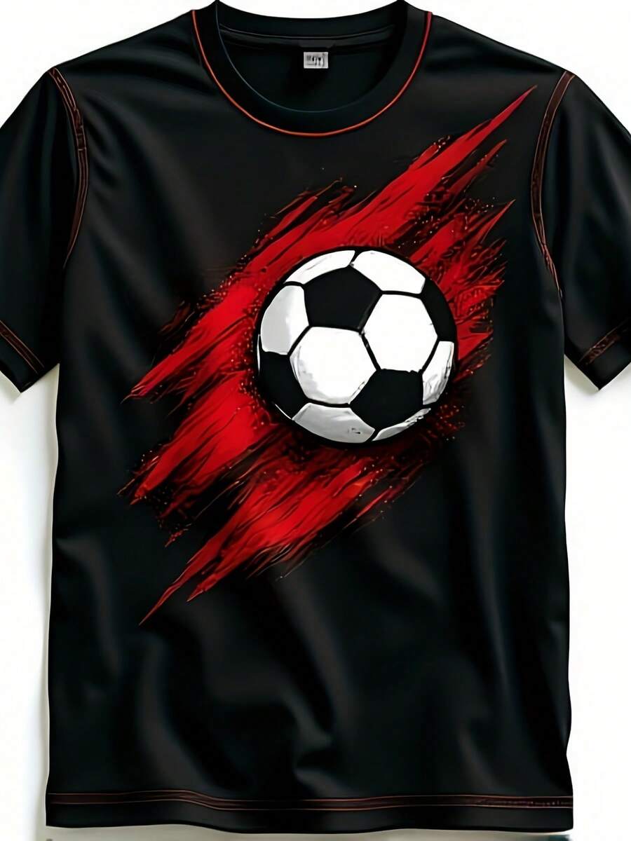 Camiseta de fútbol negra para hombre con logotipo de pinceladas rojo y blanco llamativo - Ropa retro para fans, camiseta de cuello redondo lavable a máquina para uso casual, eventos y regalos (Tallas) - Negro - Ver 1