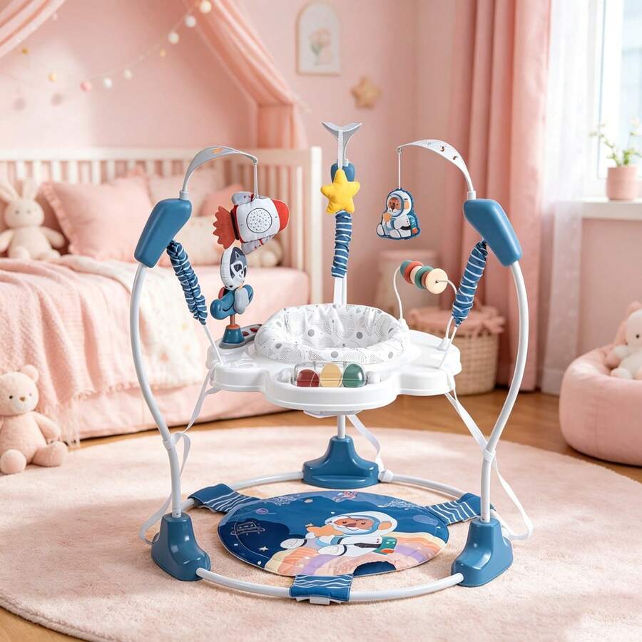 Baby Activity Center And Jumper,Infant Activity Center With 360°,3-In-1 Play Center,3 Adjustable Heights For 6-18 Months Max Weight 26.5 Lbs - Blue Tiger Astronaut - 查看 1