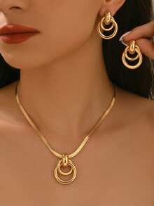 3pcs Fashionable Versatile Minimalist Strap Shaped Double-Layer Stud Earrings Set, European And American New Arrival - Yellow Gold - View 2
