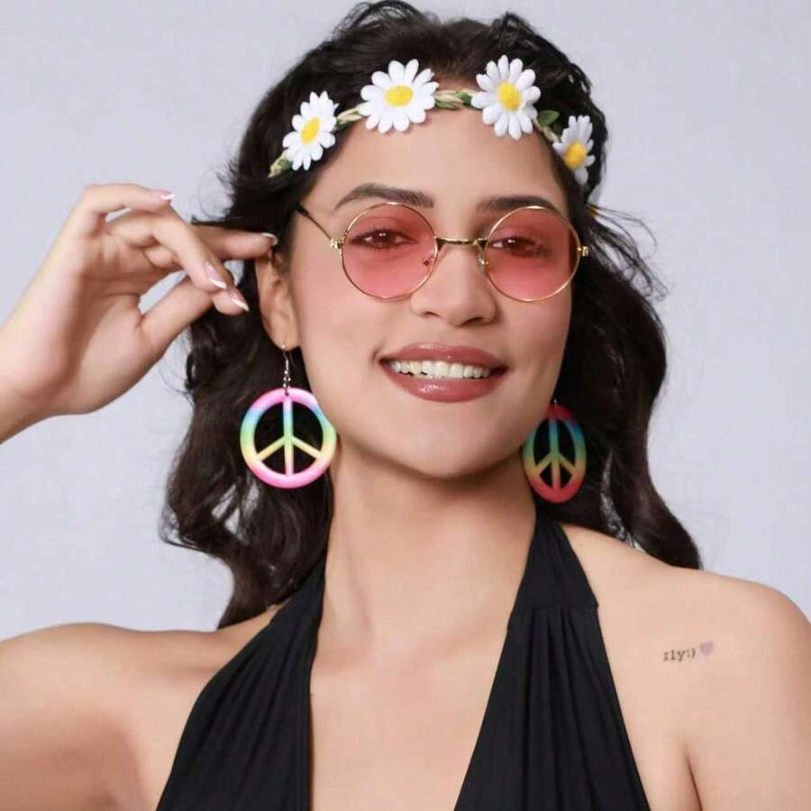 嬉皮士三件套：雏菊发箍 + 和平标志耳环 + 粉色时尚眼镜，60/70年代复古派对服装道具，适合万圣节、音乐节、角色扮演，波西米亚风雏菊花冠，和平标志耳环，粉色圆框眼镜 - 彩色 - 查看 1