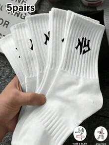 1/5 Pairs Plain White Women Letter Mid-Calf Socks, Soft Fashion Minimalist Casual Comfortable Socks Suitable For Daily Wear Or Outdoor Sports All Seasons - White - View 9