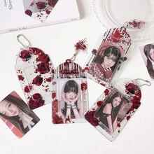 1pc Dark Gothic Style Blood Rose Card Holder, Korean Entertainment Mini Card Charm With Transparent Chain And Glitter, Idol Merchandise - Dark - View 11