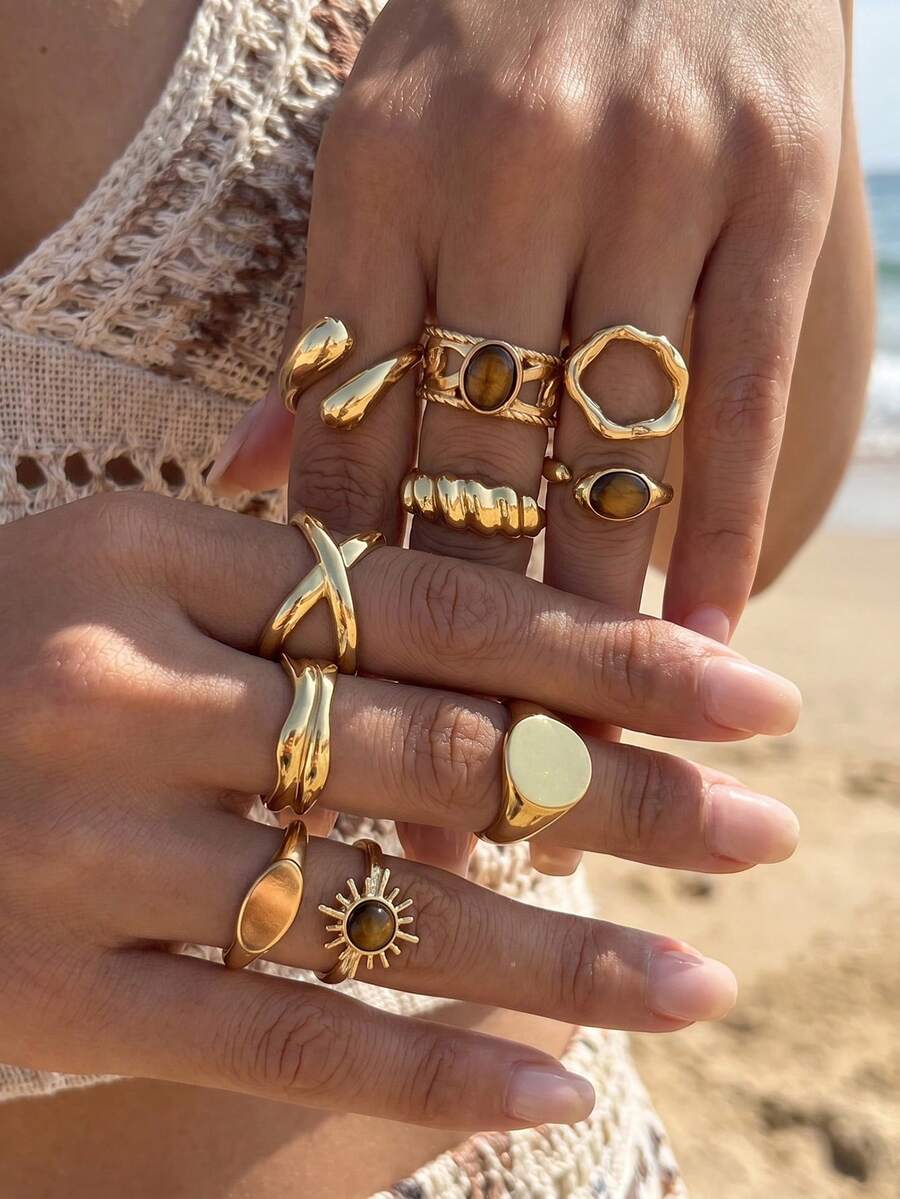 Set de 10 piezas de anillos minimalistas asimétricos Maillard ajustables con diseño de gota de agua, adecuados para vacaciones, uso diario, moda de alta calle, regalo - Dorado - Ver 1