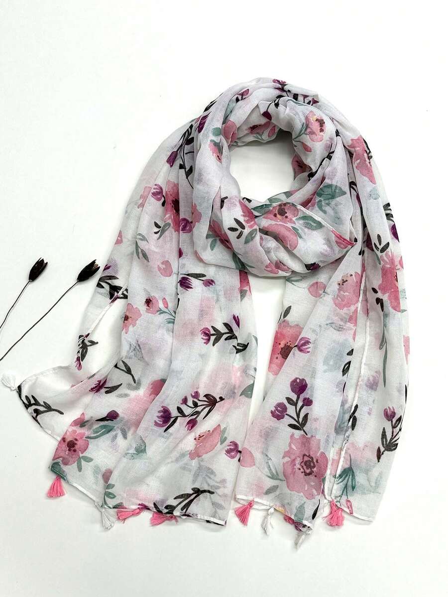 1条女士简约印花围巾，时尚围巾，新款防晒沙滩披肩，亚麻质感女士披肩 - 白色 - 查看 1