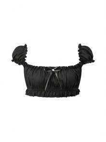 Women's Y2K Off Shoulder Tops Fairycore Slim Frill Trim Bow Backless Short Sleeve Crop Tops Short Shirt Aesthetic Clothes For Party Club Streetwear - 黑色 - 查看 7