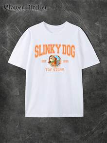 Disney Official Authorization, Women's Casual Cotton Slinky Dog Toy Story Graphic Short Sleeve T-Shirt With Round Neck, Men's Sizes Suitable For The Whole Family - 白色 - 查看 2