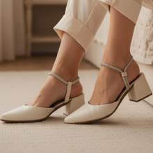Women's Pumps With Elongated Toe And Rhinestones, Medium Heel 6cm, Black, Nude, Offwhite - trắng - Xem 11