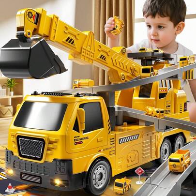 BLmukce 2 In 1 Construction Truck Crane Track Toy For Kids 3 4 5 6 7 8 Years Old, Engineering Excavator Vehicle Race Track With Sound And Light, With Crane Excavator 8 Small Cars Boy Toys Sets Gifts For Toddlers Ages 3-5 Boy Girls