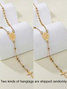 基督教不锈钢项链，女士款式，圣母玛利亚和耶稣十字架吊坠，长款串珠链，时尚饰品 - 金色 - 查看 13