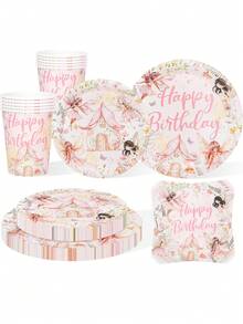 10pcs/20pcs/50pcs/80pcs Pink Fairy Birthday Party Supplies - Pink Watercolor Floral Fairy Tableware Set, Suitable For Guests, Includes 9-Inch And 7-Inch Paper Plates, Paper Cups And 6.5-Inch Napkins, Suitable For Princess Parties, Festivals, Events, Magic Forest Themed For Men And Women - Multicolor - View 1