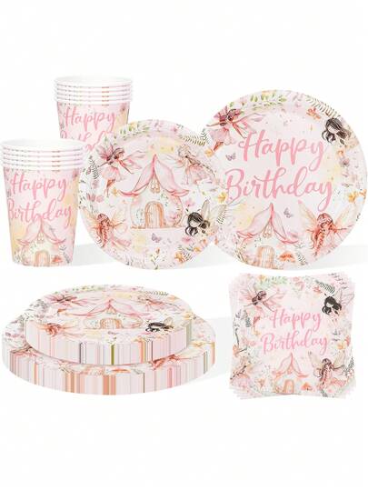10件/20件/50件/80件装粉色仙女主题生日派对用品 - 粉色花卉水彩仙女一次性餐具套装，包含9英寸和7英寸纸盘、纸杯和6.5英寸餐巾纸，梦幻童话设计，适合公主派对、迎婴派对、节日庆典、各种活动、魔法森林主题派对，男女皆宜。