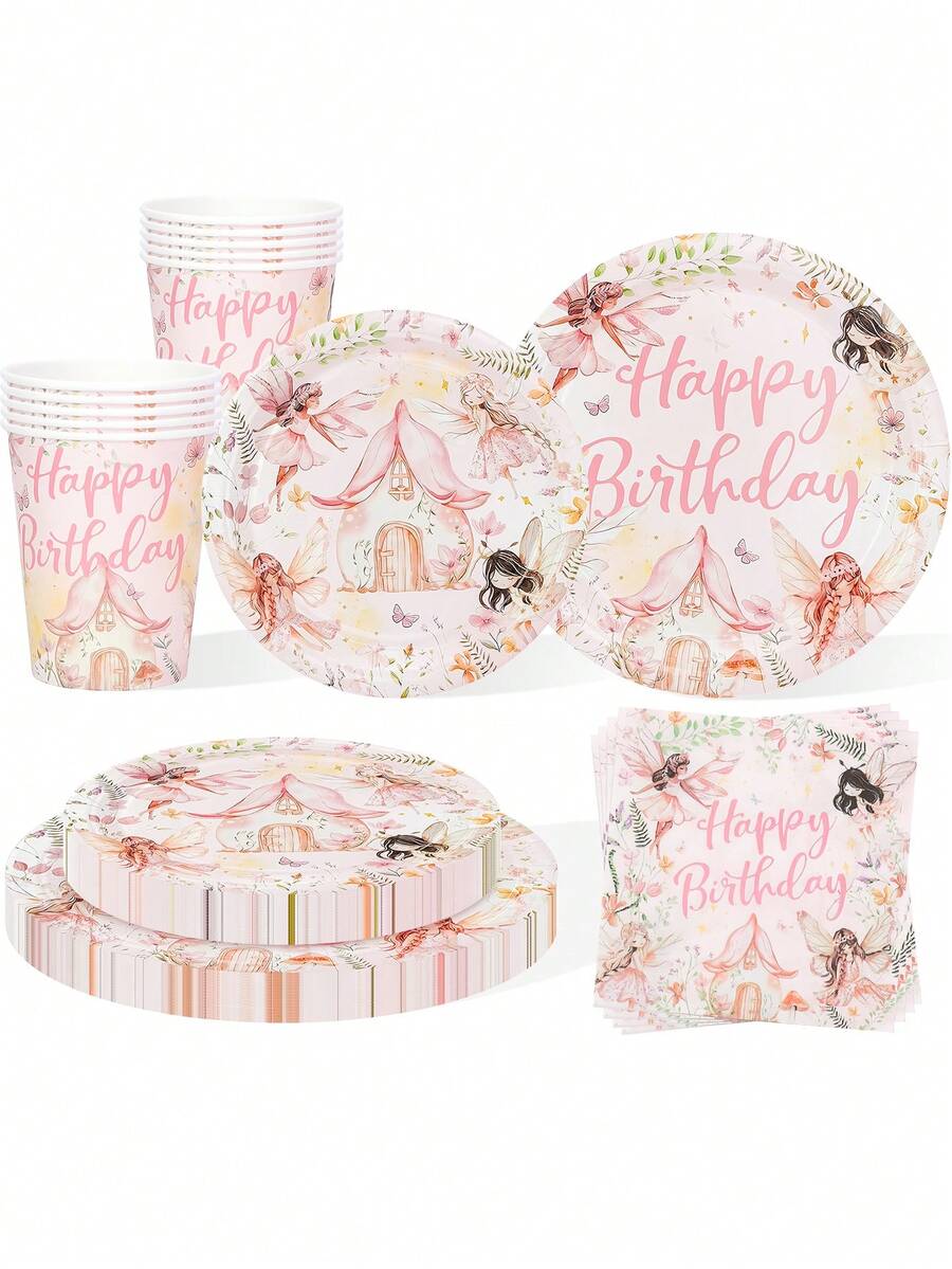 10pcs/20pcs/50pcs/80pcs Pink Fairy Birthday Party Supplies - Pink Watercolor Floral Fairy Tableware Set, Suitable For Guests, Includes 9-Inch And 7-Inch Paper Plates, Paper Cups And 6.5-Inch Napkins, Suitable For Princess Parties, Festivals, Events, Magic Forest Themed For Men And Women - Multicolor - View 1