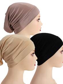 Women's Solid Color Basic Tube Hijab Caps - Black + Beige + Khaki - View 29