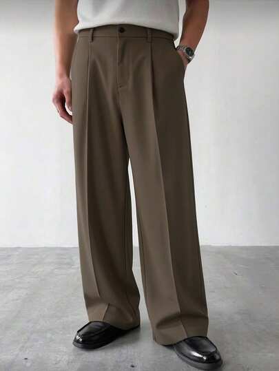 Men's Pleated Wide Leg Suit Pants, Brown High Waist Casual Straight Trousers Suitable For Office And Daily Wear