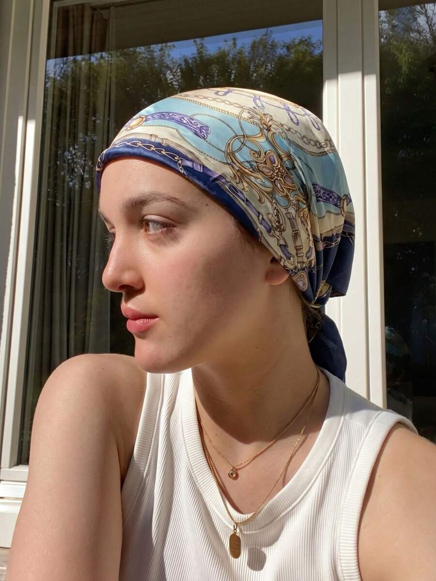 1 pieza Pañuelo cuadrado de mujer de 90cm con estampado de cuerda de cadena, pañuelo estampado versátil para primavera y otoño, esencial de viaje, toalla de playa