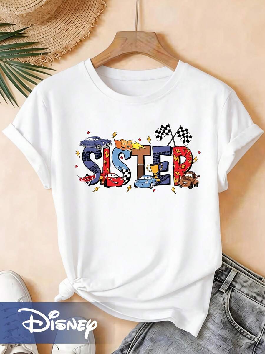 Cars-Themed Fashionable And  Disney Series Women's Versatile And Comfortable Round-Neck Short-Sleeve Loose Oversized T-Shirt For Summer - 白色 - 查看 1