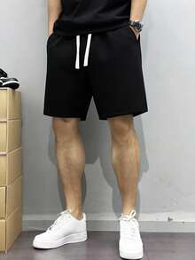 男士素色寬鬆短褲，彈性腰帶抽繩夏季海灘穿搭，男士休閒透氣夏季服飾，適合父親節禮物 - 黑色 - 查看 4