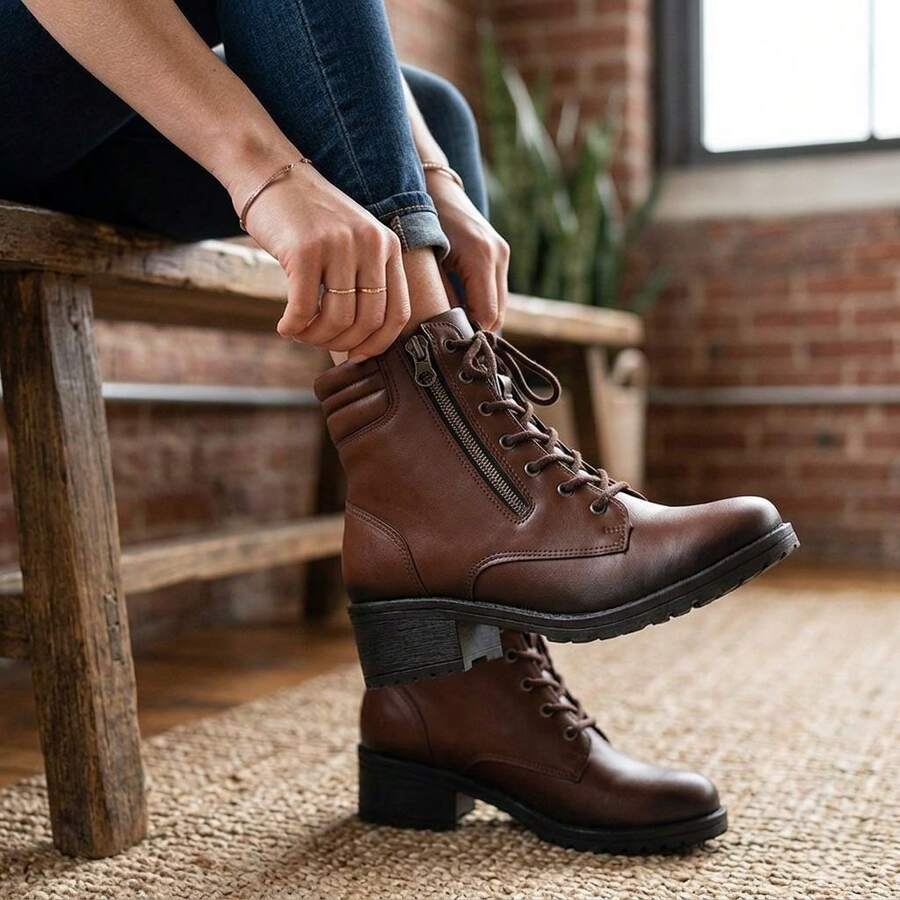 Women's Ankle Boot With Tractor Sole, Low Shaft, Zipper, Casual Style - Coffee Brown - View 1