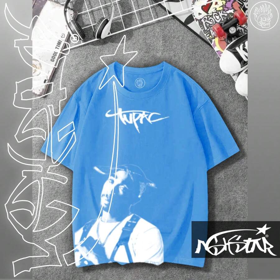 Premium 100% Cotton T-Shirt Featuring The Rap Singer "2P Vector" From Ashstar. - 藍色 - 查看 1