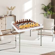 COSTWAY 90 CM Folding Chess Table, Square Card Table With Removable Table Mat And 4 Cup Holders, Portable Plastic Board Game Table With Carrying Handle For Party, Picnic, Camping - White - View 3