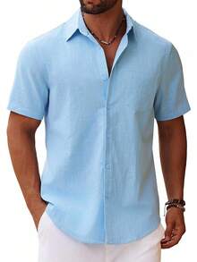 Men's Button-Down Short-Sleeve Shirt Casual Cotton Summer Beach Linen Wedding Shirt With Pockets - Clear Blue - View 5