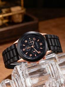 6pcs Women's Watch Set, Elegant & Fashionable, High-End Black Silicone Strap Watch With 4 Rhinestone Embellished Jewelry Accessories Including Necklace, Bracelet, Earrings And Ring, Suitable For Various Occasions And Daily Wear - Black - View 5
