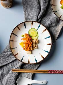 四件套条纹陶瓷餐盘，7.2英寸，手绘条纹装饰，适用于烤箱和微波炉，适合家庭、餐厅，盛放沙拉、牛排、甜点和面包。 - 彩色 - 查看 3