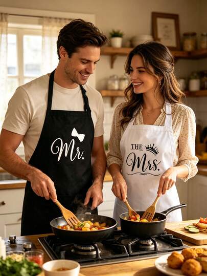 New "Mr. & Mrs." Couple's Apron Set - Crown & Bowtie Print (Black & White) | Kitchen Cooking & Baking: Oil-Resistant & Stain-Proof | Adjustable Straps & Large Pockets | Ideal For Newlyweds, Wedding Gifts, & Favors | Unisex Workwear For Home Kitchen, Gardening, & Cleaning