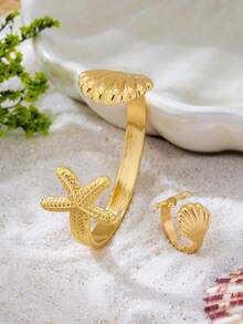 2pcs Minimalist Gold-Plated Starfish & Shell Shaped Zinc Alloy Bracelet & Ring Jewelry Set For Women - Yellow Gold - View 4